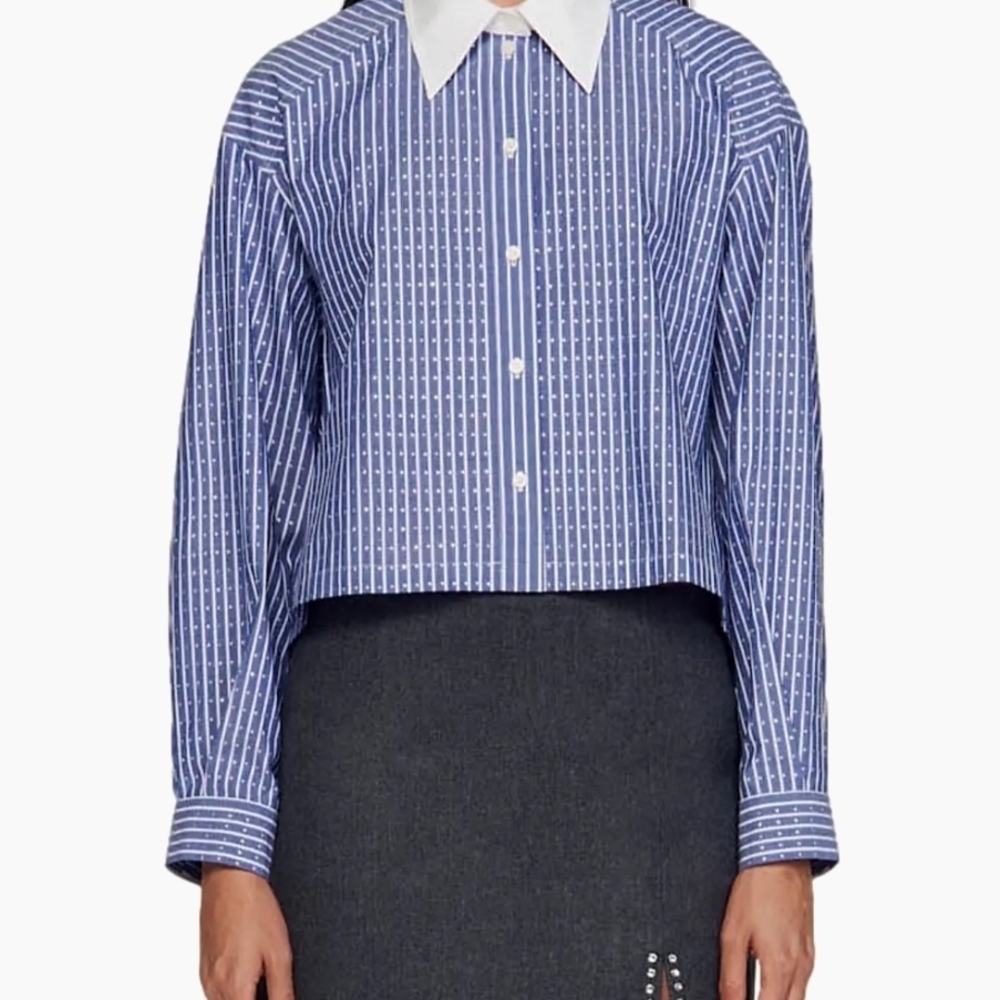 Sandro Blue Striped Button-Front Shirt with White Collar - Picture 2 of 10